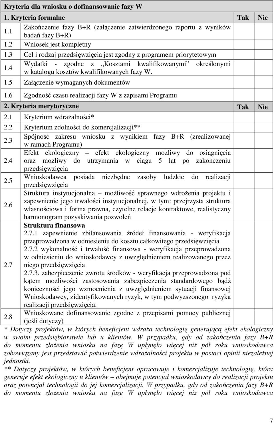 6 Zgodność czasu realizacji fazy W z zapisami Programu 2. Kryteria merytoryczne Tak Nie 2.1 Kryterium wdrażalności* 2.