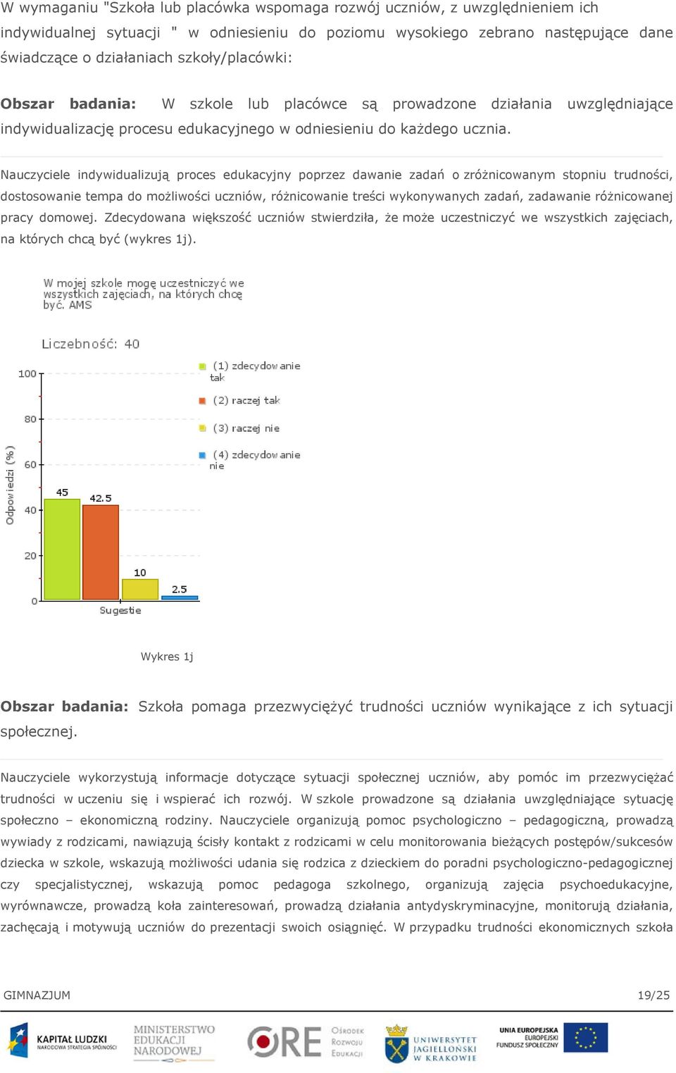 Nauczyciele indywidualizują proces edukacyjny poprzez dawanie zadań o zróżnicowanym stopniu trudności, dostosowanie tempa do możliwości uczniów, różnicowanie treści wykonywanych zadań, zadawanie