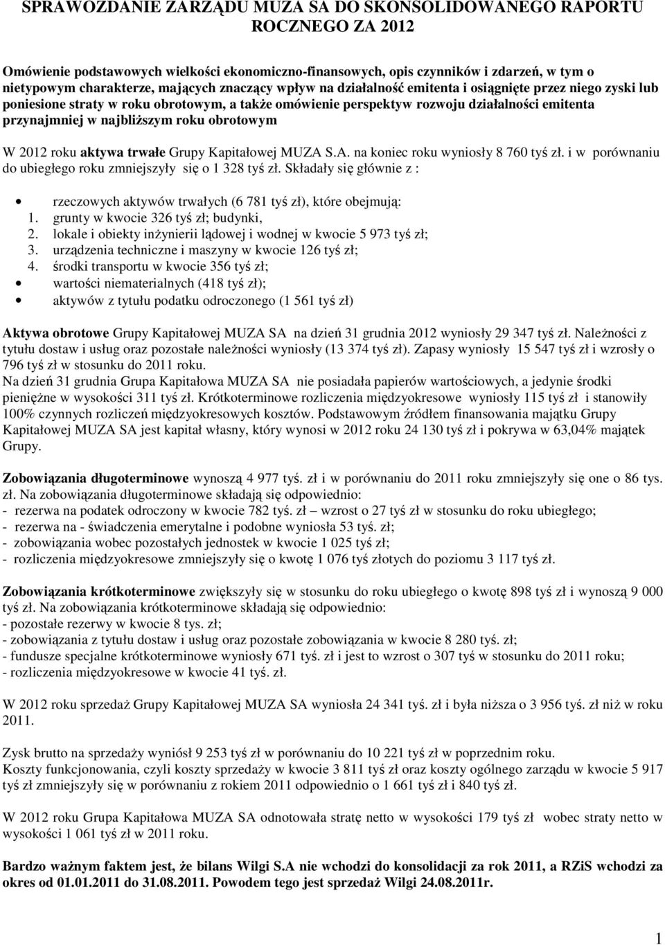 roku obrotowym W 2012 roku aktywa trwałe Grupy Kapitałowej MUZA S.A. na koniec roku wyniosły 8 760 tyś zł. i w porównaniu do ubiegłego roku zmniejszyły się o 1 328 tyś zł.