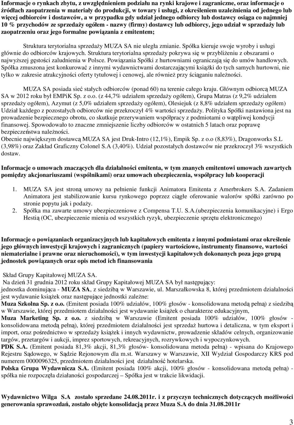 udział w sprzedaŝy lub zaopatrzeniu oraz jego formalne powiązania z emitentem; Struktura terytorialna sprzedaŝy MUZA SA nie uległa zmianie.