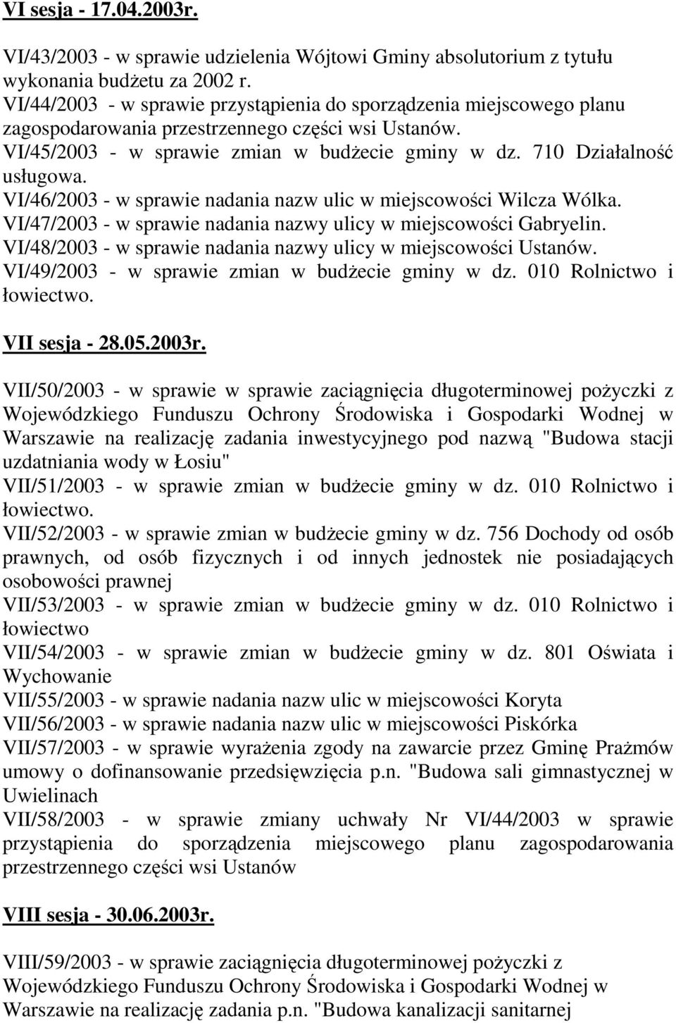 VI/46/2003 - w sprawie nadania nazw ulic w miejscowości Wilcza Wólka. VI/47/2003 - w sprawie nadania nazwy ulicy w miejscowości Gabryelin.