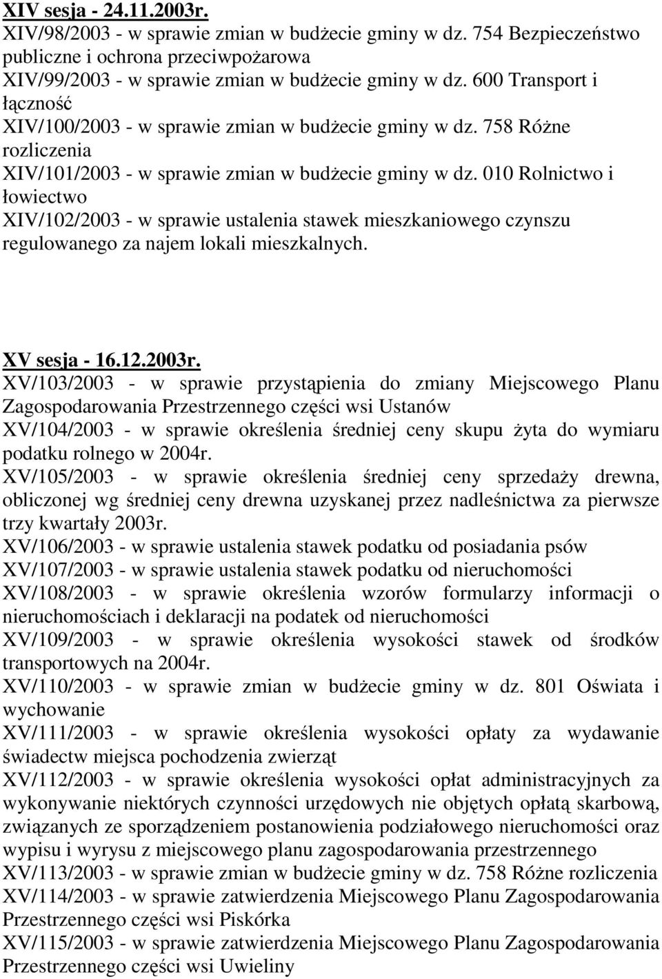 010 Rolnictwo i XIV/102/2003 - w sprawie ustalenia stawek mieszkaniowego czynszu regulowanego za najem lokali mieszkalnych. XV sesja - 16.12.2003r.