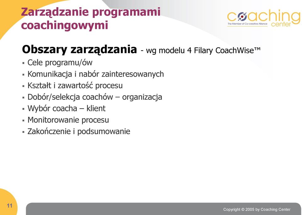 zainteresowanych Kształt i zawartość procesu Dobór/selekcja coachów