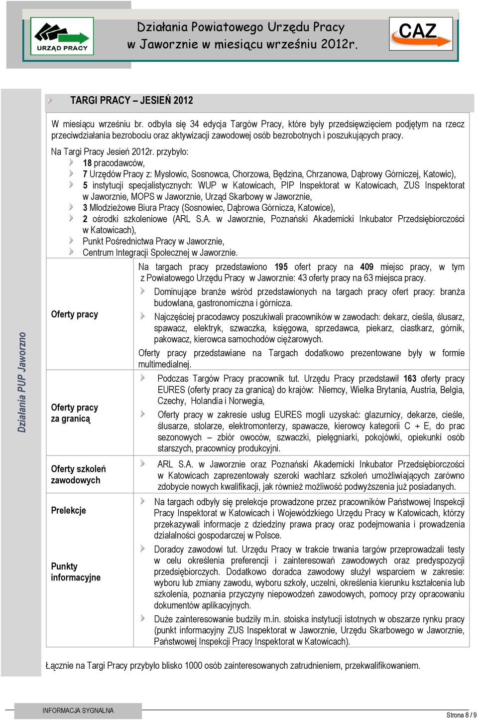 Działania PUP Jaworzno Na Targi Pracy Jesień 2012r.