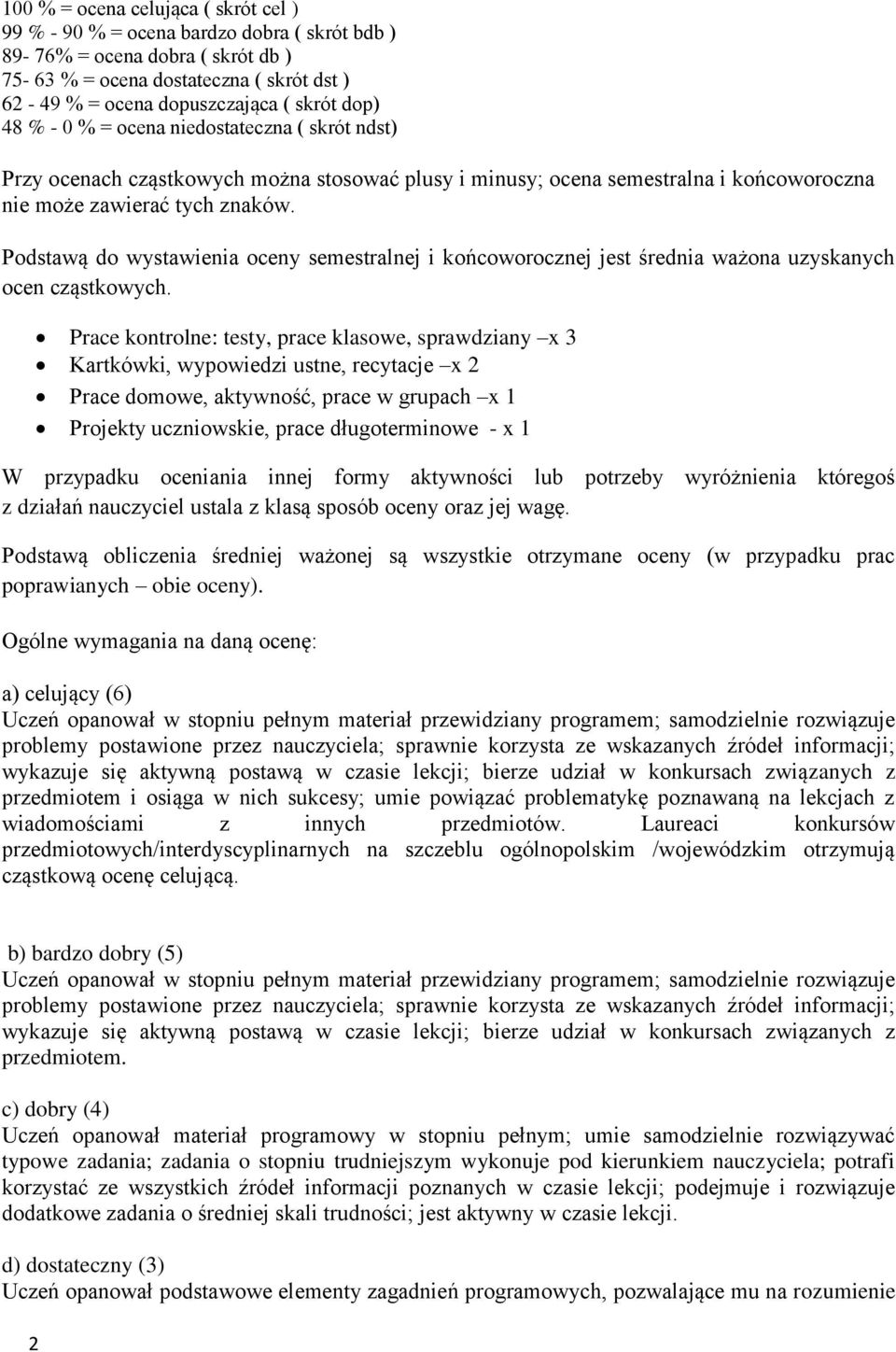 Podstawą do wystawienia oceny semestralnej i końcoworocznej jest średnia ważona uzyskanych ocen cząstkowych.