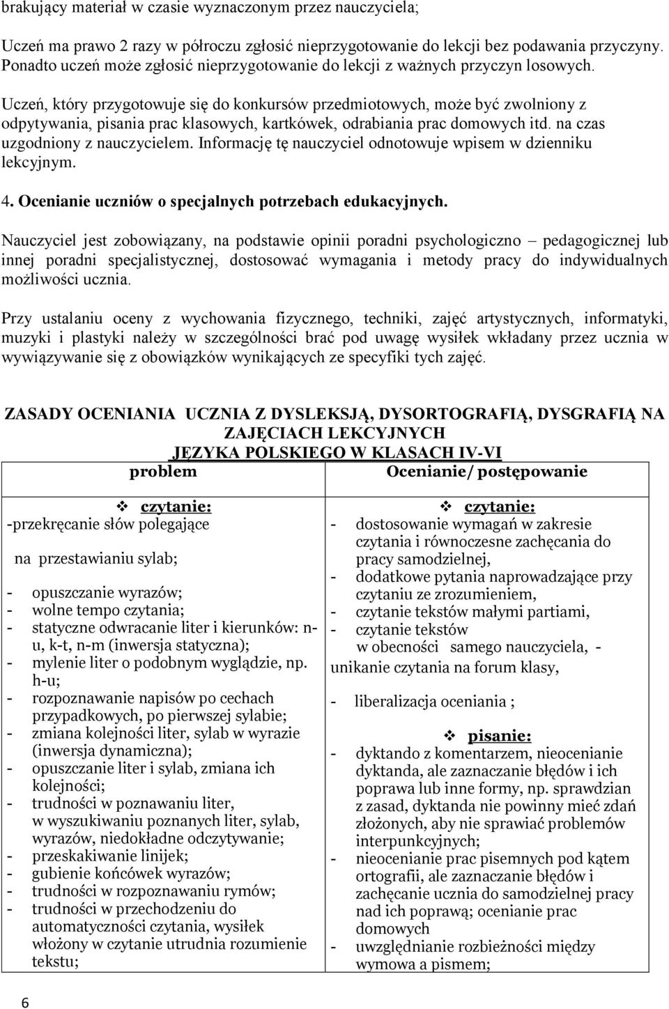 Uczeń, który przygotowuje się do konkursów przedmiotowych, może być zwolniony z odpytywania, pisania prac klasowych, kartkówek, odrabiania prac domowych itd. na czas uzgodniony z nauczycielem.