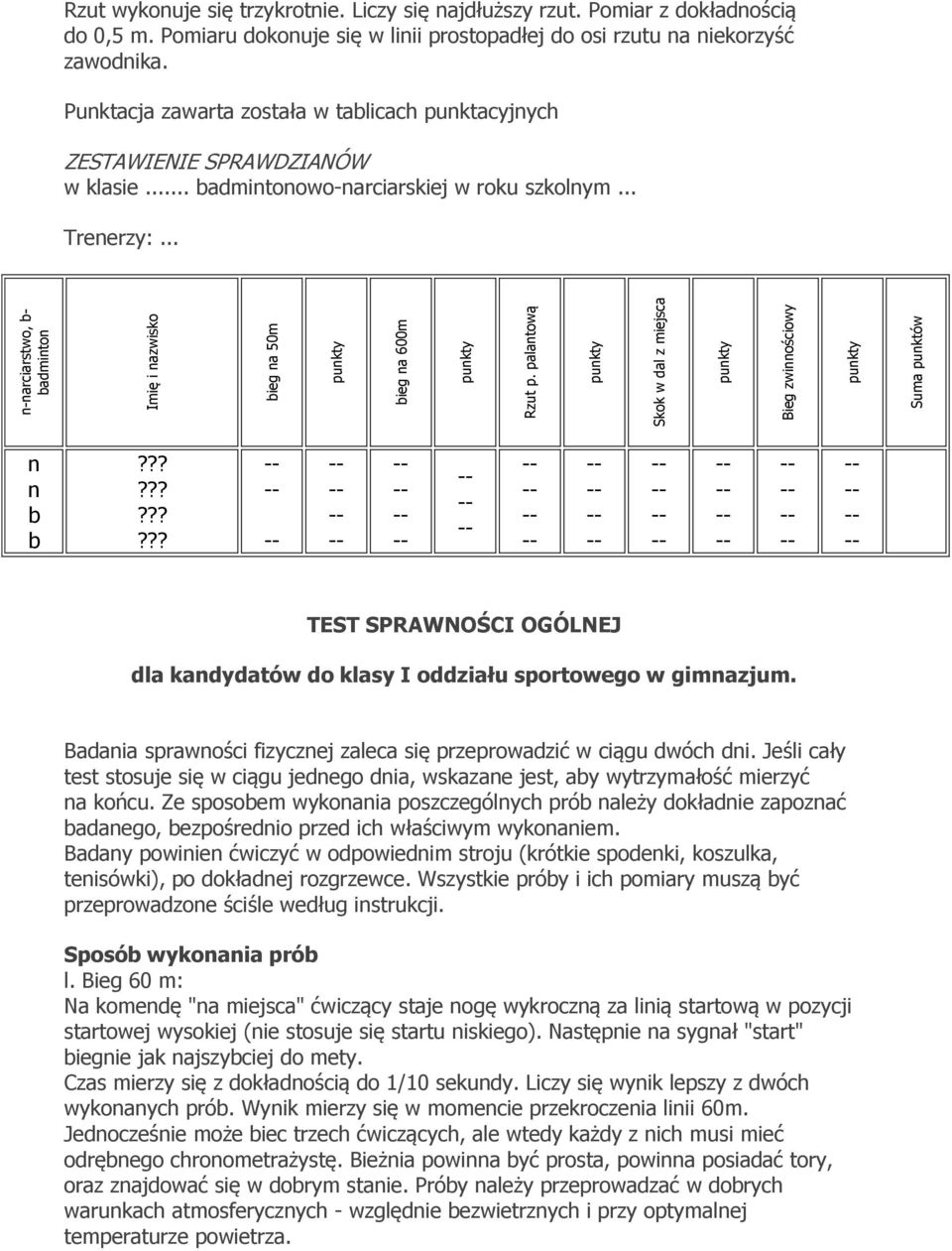 .. admitoowo-arciarskiej w roku szkolym... Treerzy:... TEST SPRAWNOŚCI OGÓLNEJ dla kadydatów do klasy I oddziału sportowego w gimazjum.