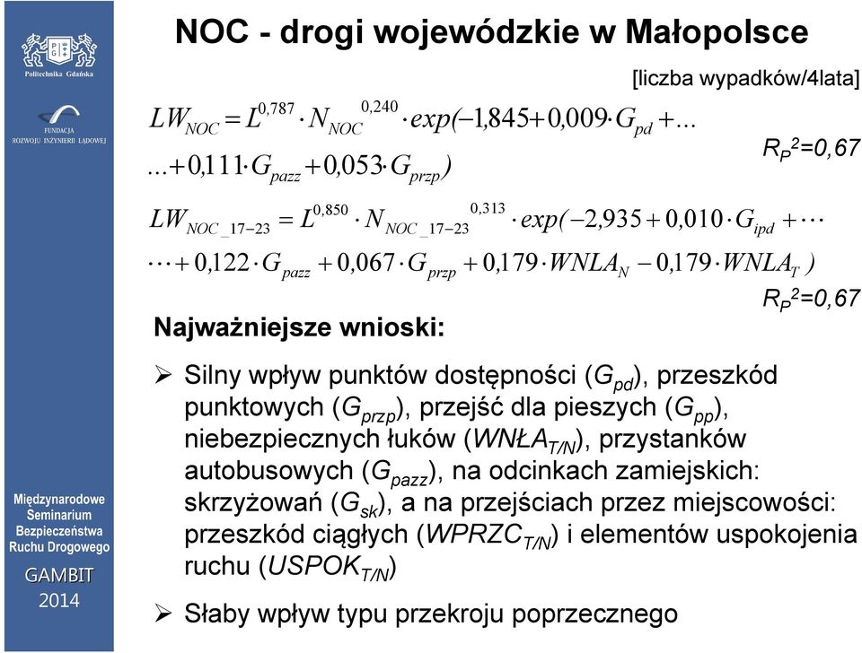 dostępności (G pd ), przeszkód punktowych (G przp ), przejść dla pieszych (G pp ), niebezpiecznych łuków (WNŁA T/N ), przystanków autobusowych (G pazz ), na