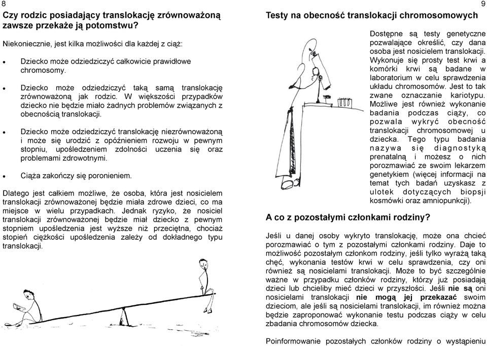 Dziecko może odziedziczyć translokację niezrównoważoną i może się urodzić z opóźnieniem rozwoju w pewnym stopniu, upośledzeniem zdolności uczenia się oraz problemami zdrowotnymi.