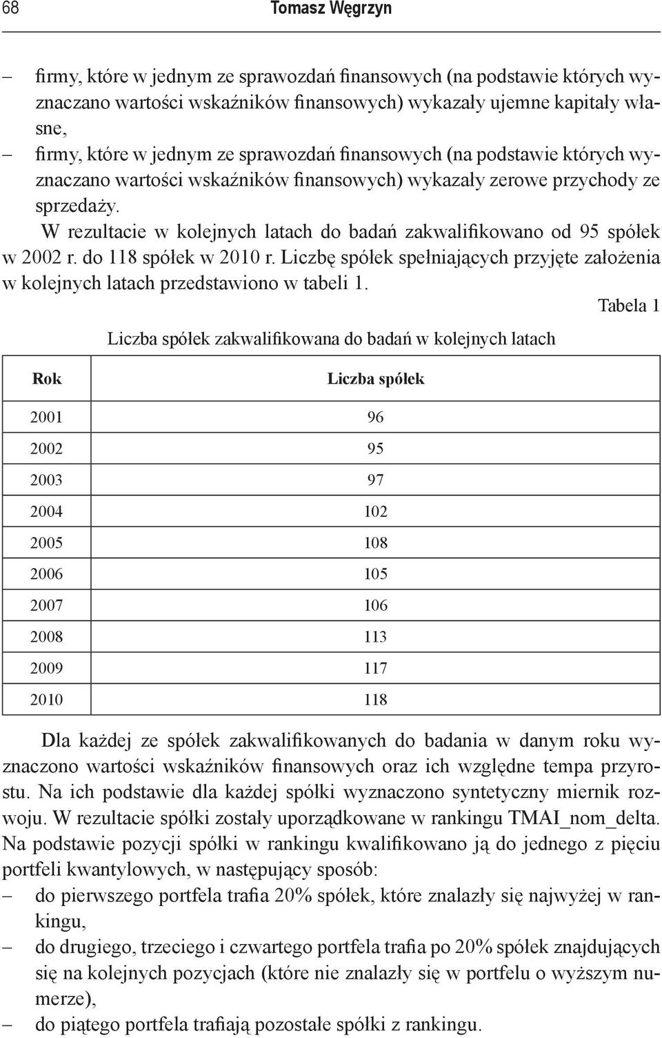 W rezultacie w kolejnych latach do badań zakwalifikowano od 95 spółek w 2002 r. do 118 spółek w 2010 r. Liczbę spółek spełniających przyjęte założenia w kolejnych latach przedstawiono w tabeli 1.