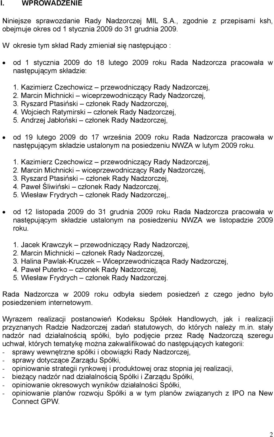 Kazimierz Czechowicz przewodniczący Rady Nadzorczej, 2. Marcin Michnicki wiceprzewodniczący Rady Nadzorczej, 3. Ryszard Ptasiński członek Rady Nadzorczej, 4.