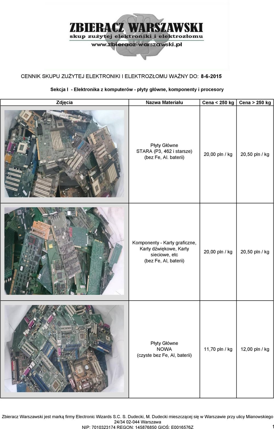 baterii) 20,00 pln / kg 20,50 pln / kg Komponenty - Karty graficzne, Karty dźwiękowe, Karty sieciowe, etc (bez Fe, Al,