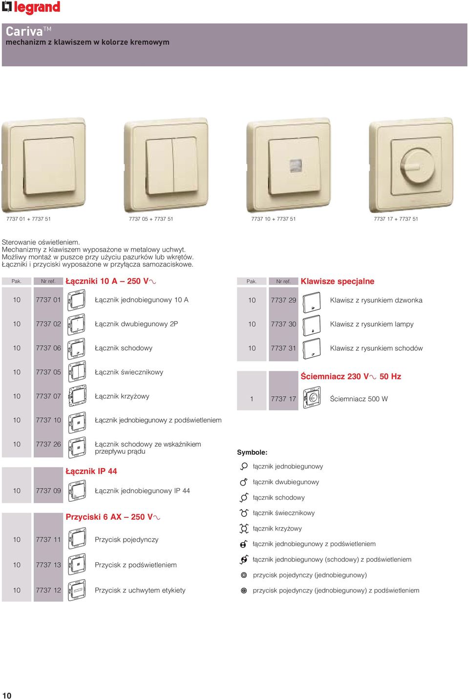 àczniki 10 A 250 V± 10 7737 01 àcznik jednobiegunowy 10 A Pak. Nr ref.