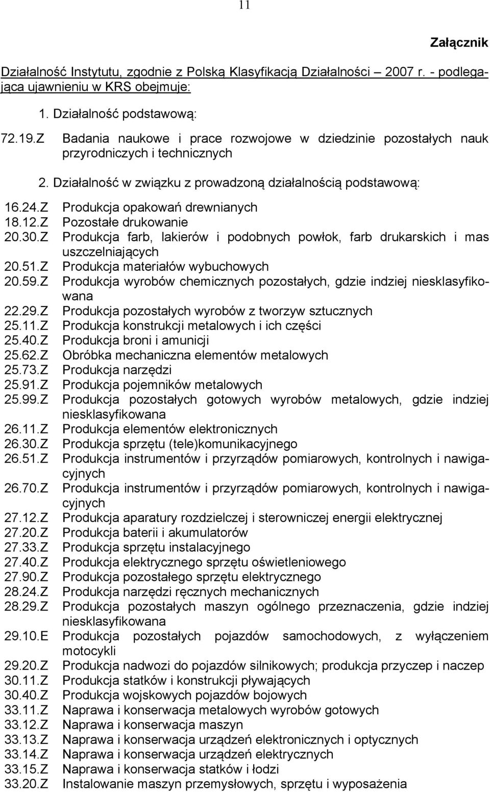 Z Produkcja opakowań drewnianych 18.12.Z Pozostałe drukowanie 20.30.Z Produkcja farb, lakierów i podobnych powłok, farb drukarskich i mas uszczelniających 20.51.Z Produkcja materiałów wybuchowych 20.