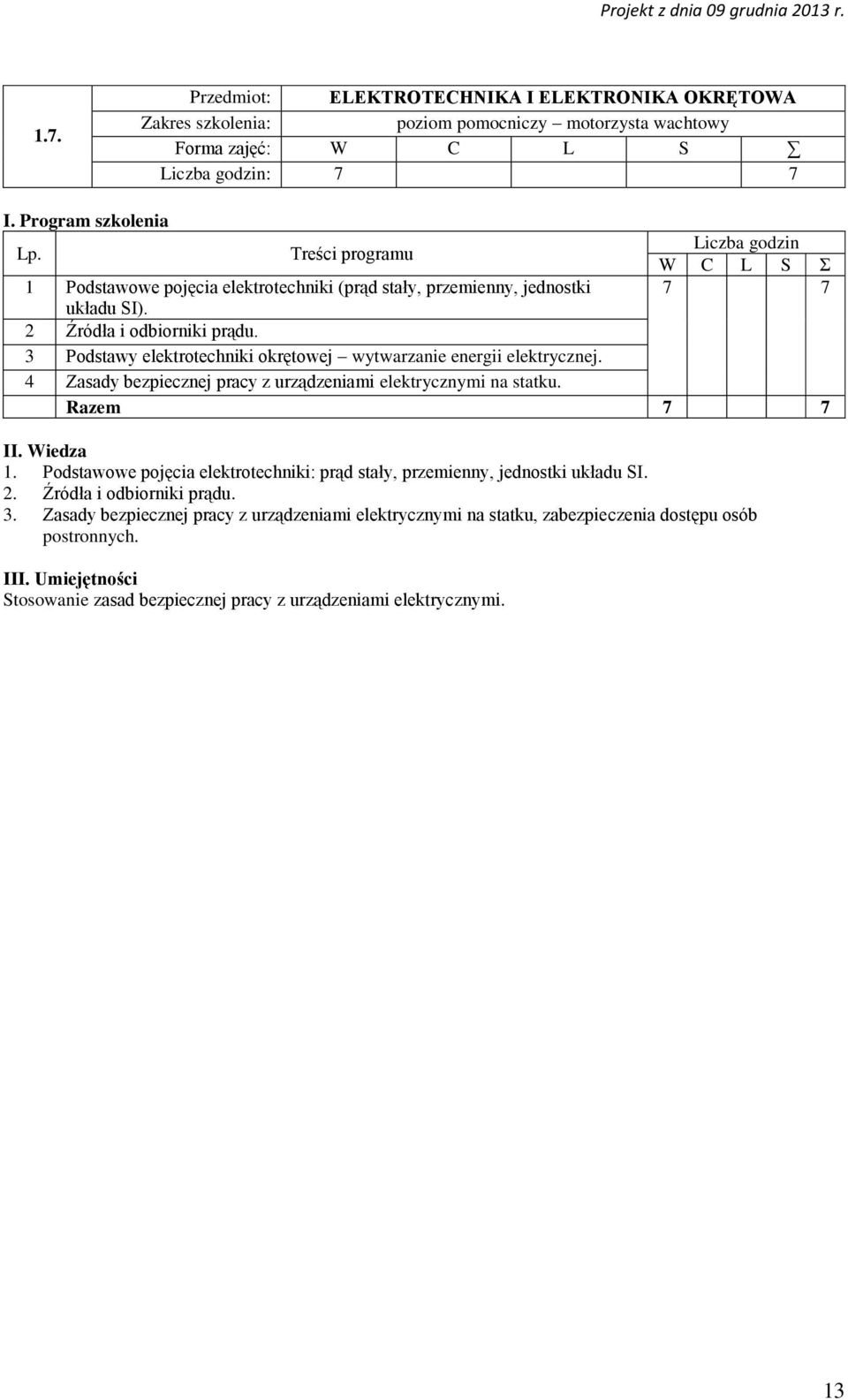 3 Podstawy elektrotechniki okrętowej wytwarzanie energii elektrycznej. 4 Zasady bezpiecznej pracy z urządzeniami elektrycznymi na statku. Razem 7 7 II. Wiedza 1.