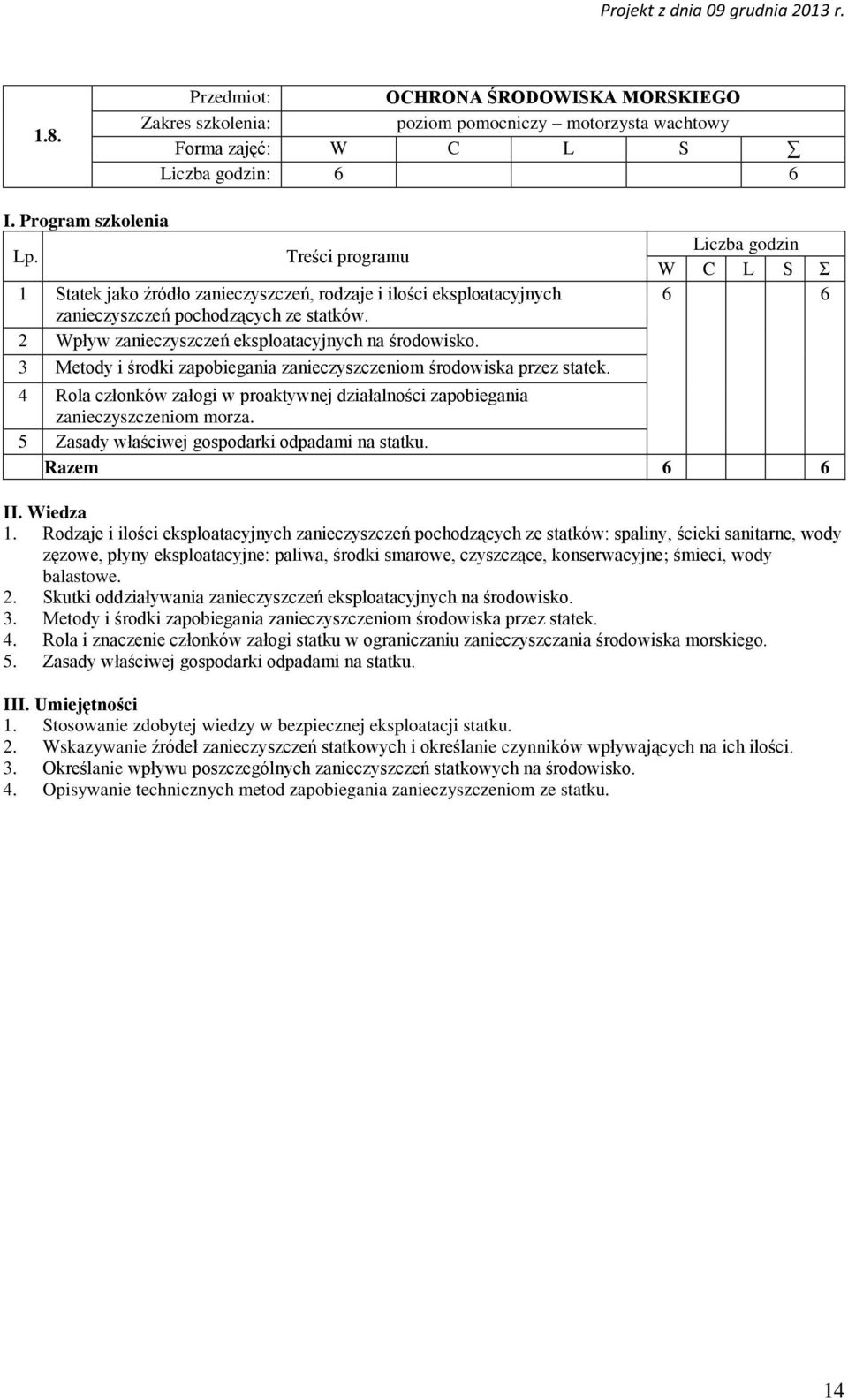 3 Metody i środki zapobiegania zanieczyszczeniom środowiska przez statek. Liczba godzin W C L S Σ 6 6 4 Rola członków załogi w proaktywnej działalności zapobiegania zanieczyszczeniom morza.