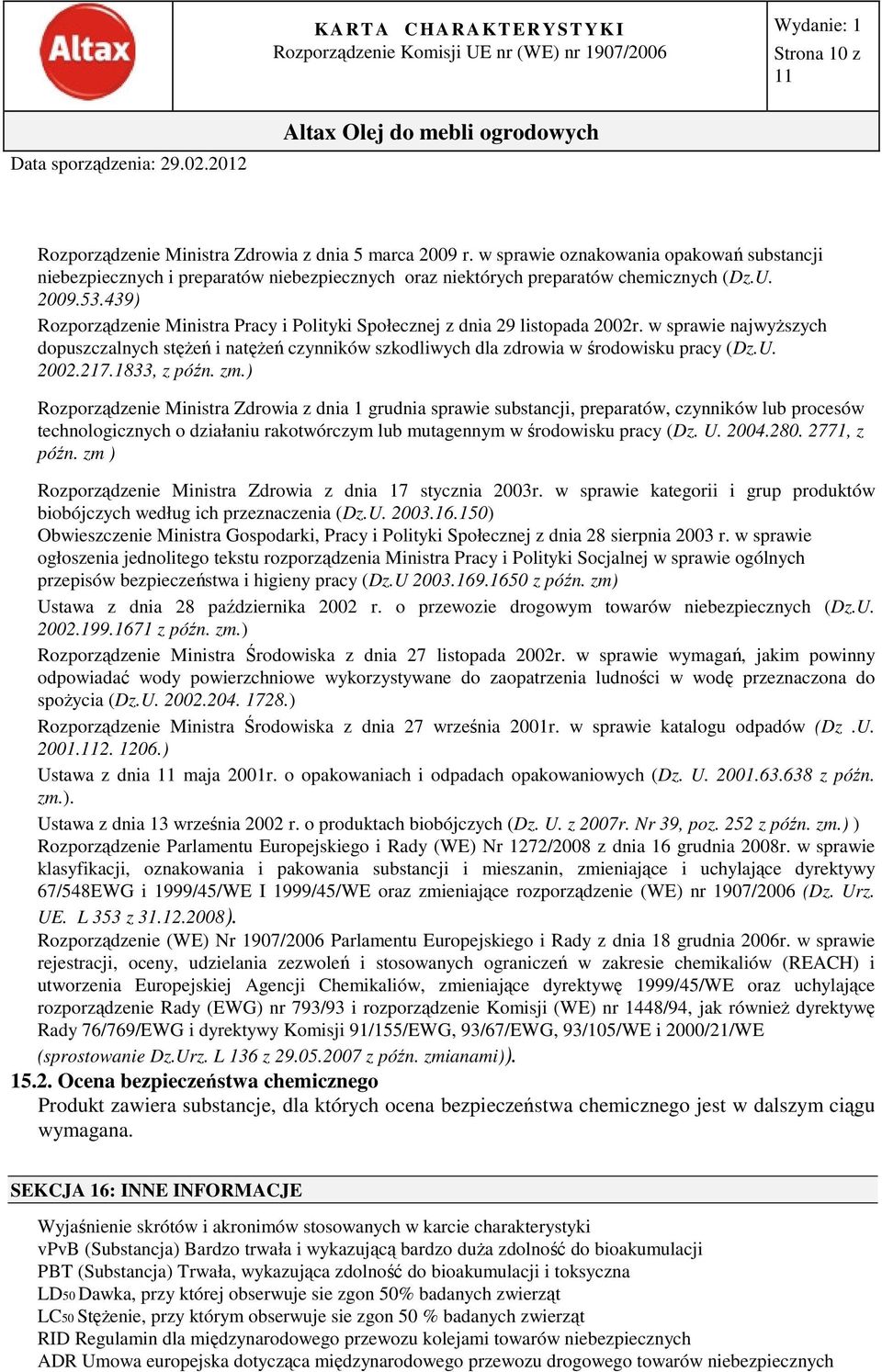 w sprawie najwyższych dopuszczalnych stężeń i natężeń czynników szkodliwych dla zdrowia w środowisku pracy (Dz.U. 2002.217.1833, z późn. zm.