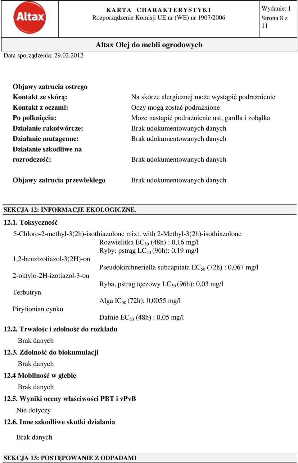 with 2-Methyl-3(2h)-isothiazolone Rozwielitka EC 50 (48h) : 0,16 mg/l Ryby: pstrąg LC 50 (96h): 0,19 mg/l 1,2-benzizotiazol-3(2H)-on Pseudokirchneriella subcapitata EC 50 (72h) : 0,067 mg/l