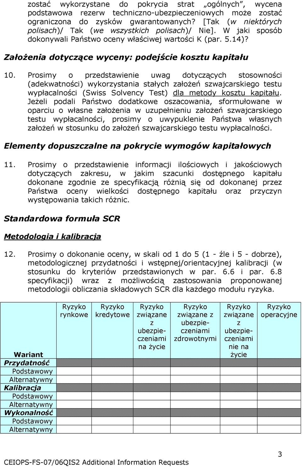 Prosimy o przedstawienie uwag dotyczących stosowności (adekwatności) wykorzystania stałych założeń szwajcarskiego testu wypłacalności (Swiss Solvency Test) dla metody kosztu kapitału.