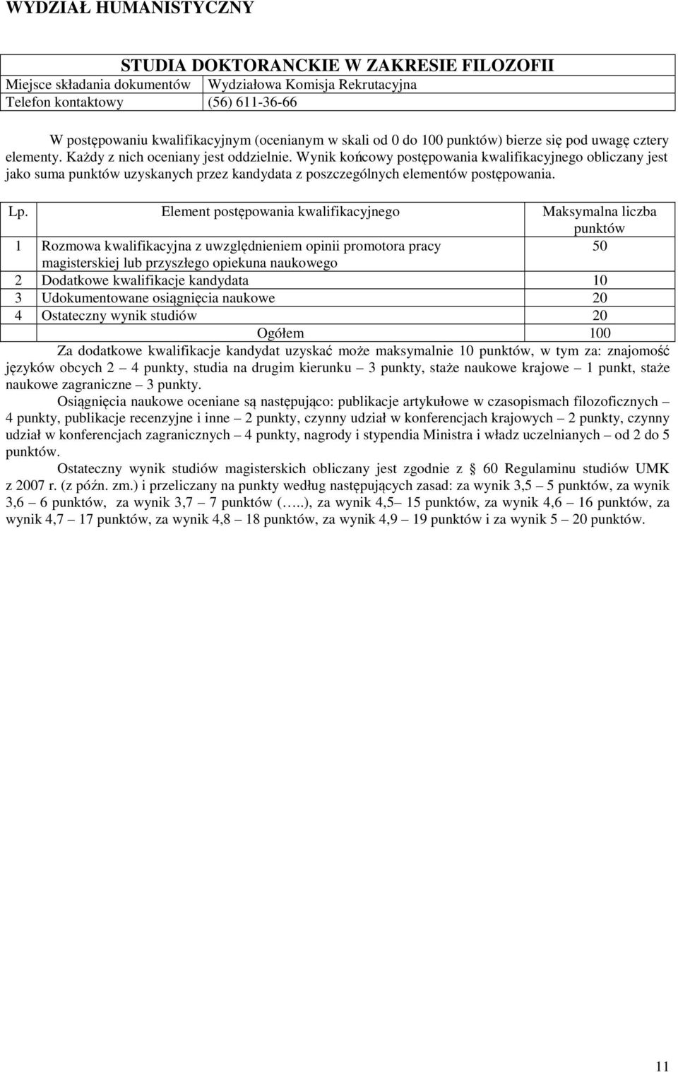 Wynik końcowy postępowania kwalifikacyjnego obliczany jest jako suma uzyskanych przez kandydata z poszczególnych elementów postępowania.