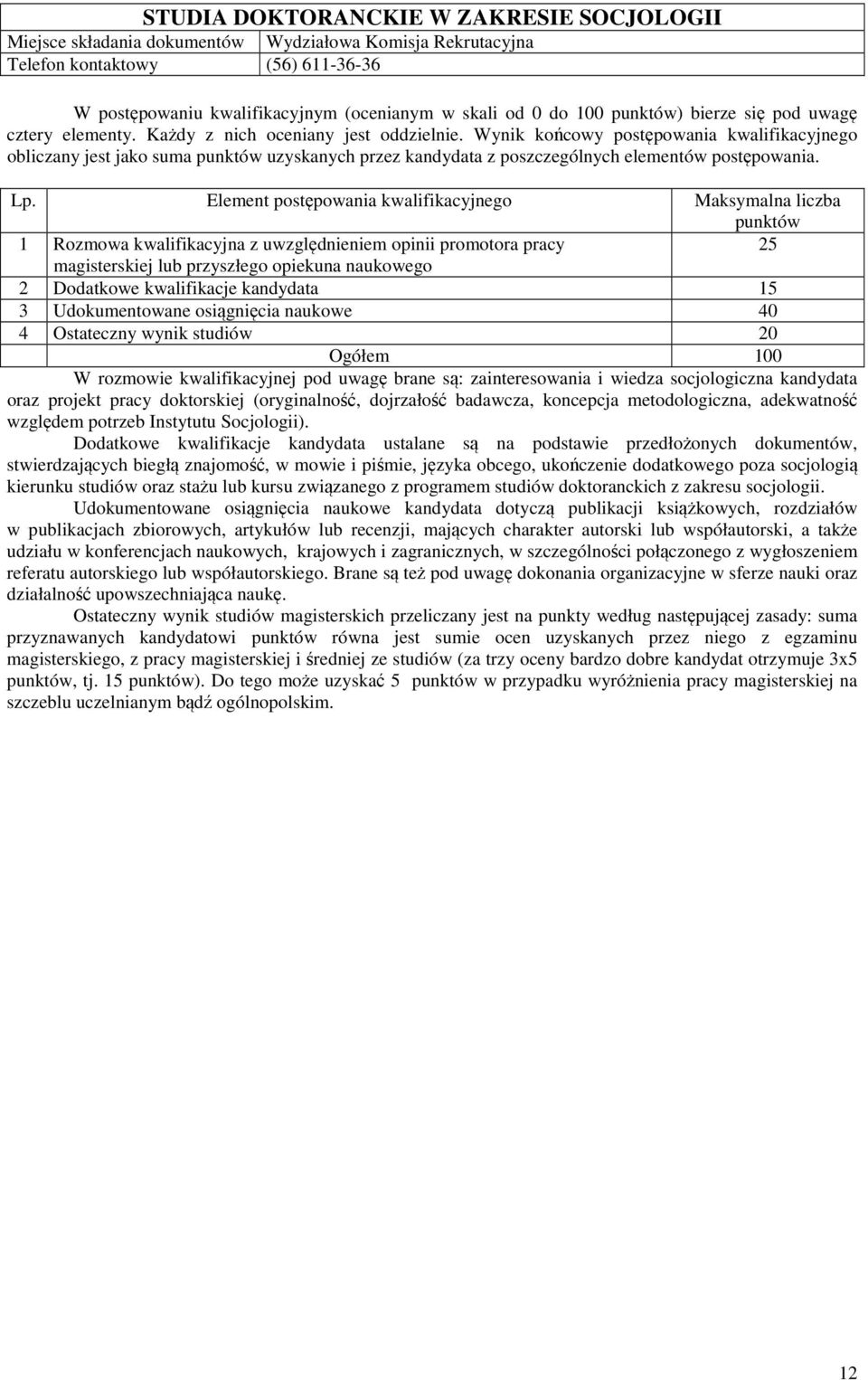 25 2 Dodatkowe kwalifikacje kandydata 15 3 Udokumentowane osiągnięcia naukowe 40 4 Ostateczny wynik studiów 20 W rozmowie kwalifikacyjnej pod uwagę brane są: zainteresowania i wiedza socjologiczna