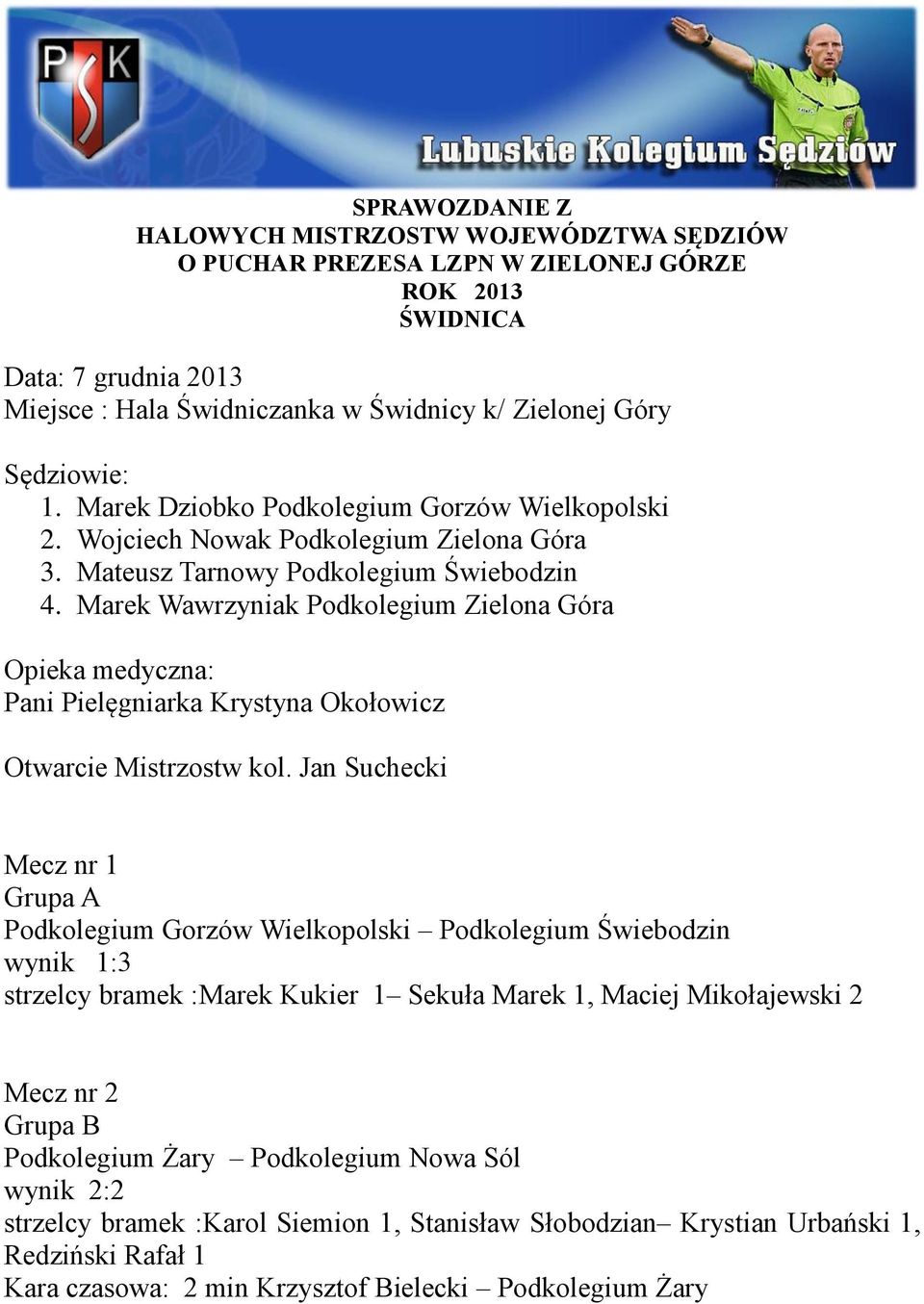 Marek Wawrzyniak Podkolegium Zielona Góra Opieka medyczna: Pani Pielęgniarka Krystyna Okołowicz Otwarcie Mistrzostw kol.