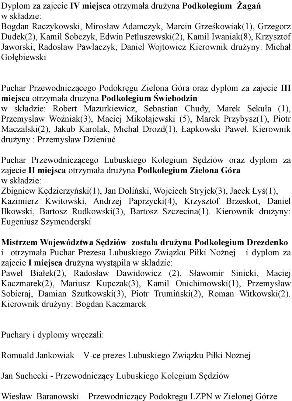 drużyna Podkolegium Świebodzin Robert Mazurkiewicz, Sebastian Chudy, Marek Sekuła (1), Przemysław Woźniak(3), Maciej Mikołajewski (5), Marek Przybysz(1), Piotr Maczalski(2), Jakub Karolak, Michal