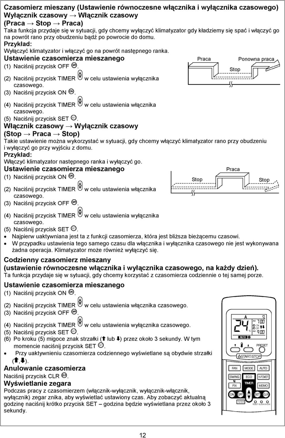 Ustawienie czasomierza mieszanego Praca Ponowna praca (1) Naciśnij przycisk OFF. (2) Naciśnij przycisk TIMER w celu ustawienia wyłącznika czasowego. (3) Naciśnij przycisk ON.