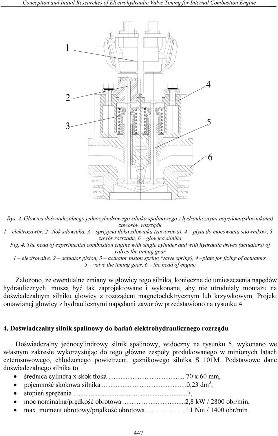 Głowica doświadczalnego jednocylindrowego silnika spalinowego z hydraulicznymi napędami(siłownikami) zaworów rozrządu 1 elektrozawór, 2 tłok siłownika, 3 sprężyna tłoka siłownika (zaworowa), 4 płyta