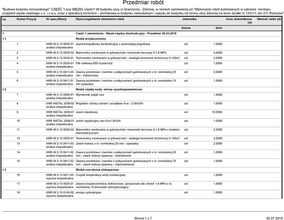 Numer Pozycji Nr specyfikacji Wyszczególnienie elementów robót Jednostka Cena Jednostkowa 1 Część 1 zamówienia - Węzeł cieplny dwufunkcyjny - Przedmiar 30.03.2015 1.