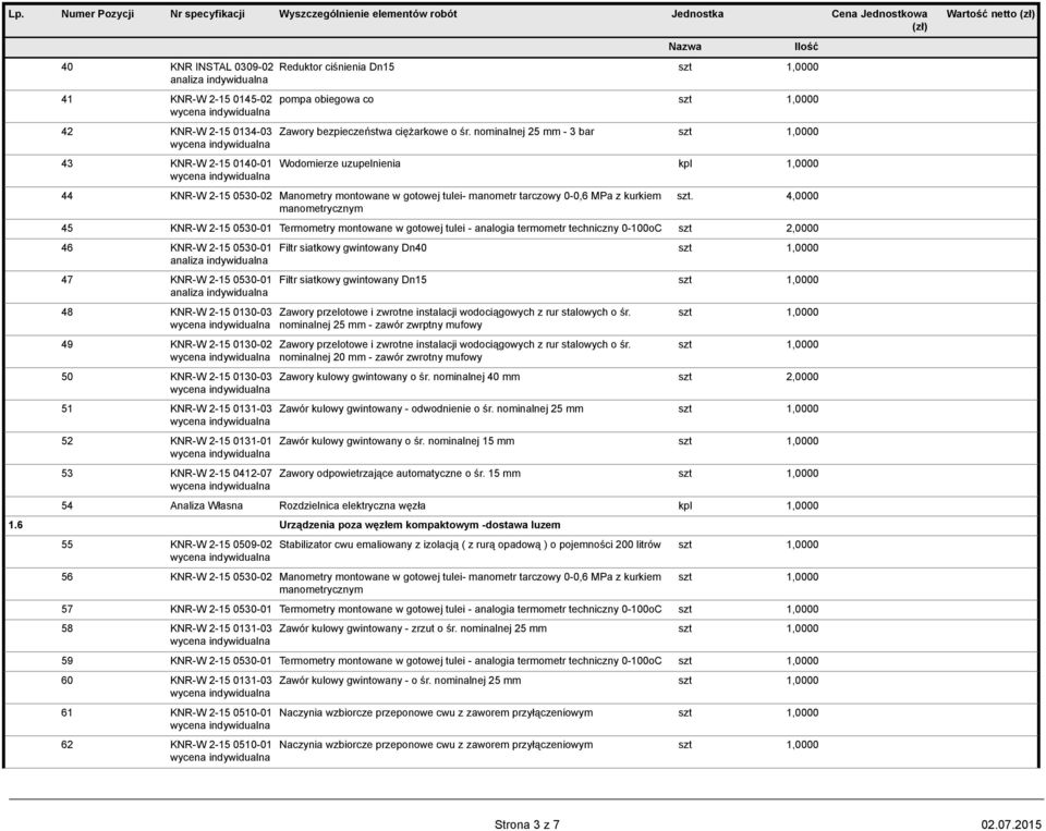 4,0000 45 KNR-W 2-15 0530-01 Termometry montowane w gotowej tulei - termometr techniczny 0-100oC 46 KNR-W 2-15 0530-01 47 KNR-W 2-15 0530-01 48 KNR-W 2-15 0130-03 49 KNR-W 2-15 0130-02 50 KNR-W 2-15