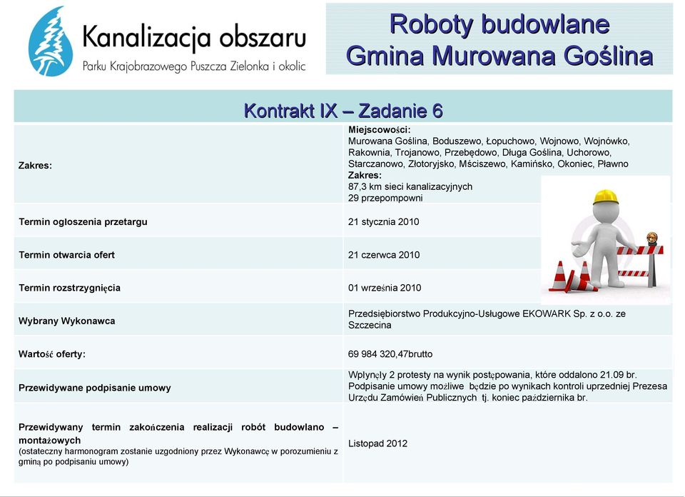 rozstrzygnięcia 01 września 2010 Wybrany Wykonawca Przedsiębiorstwo Produkcyjno-Usługowe EKOWARK Sp. z o.o. ze Szczecina Wartość oferty: Przewidywane podpisanie umowy 69 984 320,47brutto Wpłynęły 2 protesty na wynik postępowania, które oddalono 21.