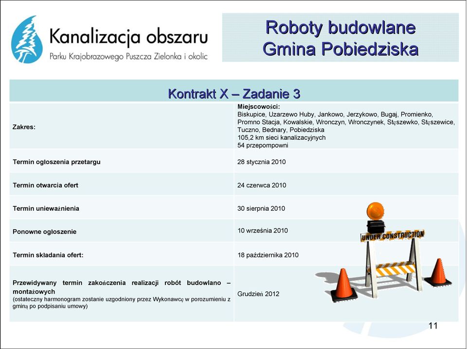 Termin otwarcia ofert 24 czerwca 2010 Termin unieważnienia 30 sierpnia 2010 Ponowne ogłoszenie 10 września 2010 Termin składania ofert: 18 października 2010