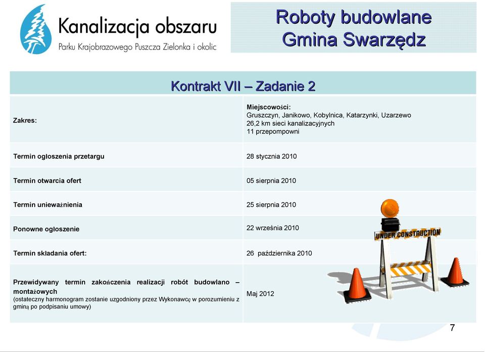 25 sierpnia 2010 Ponowne ogłoszenie 22 września 2010 Termin składania ofert: 26 października 2010 Przewidywany termin zakończenia