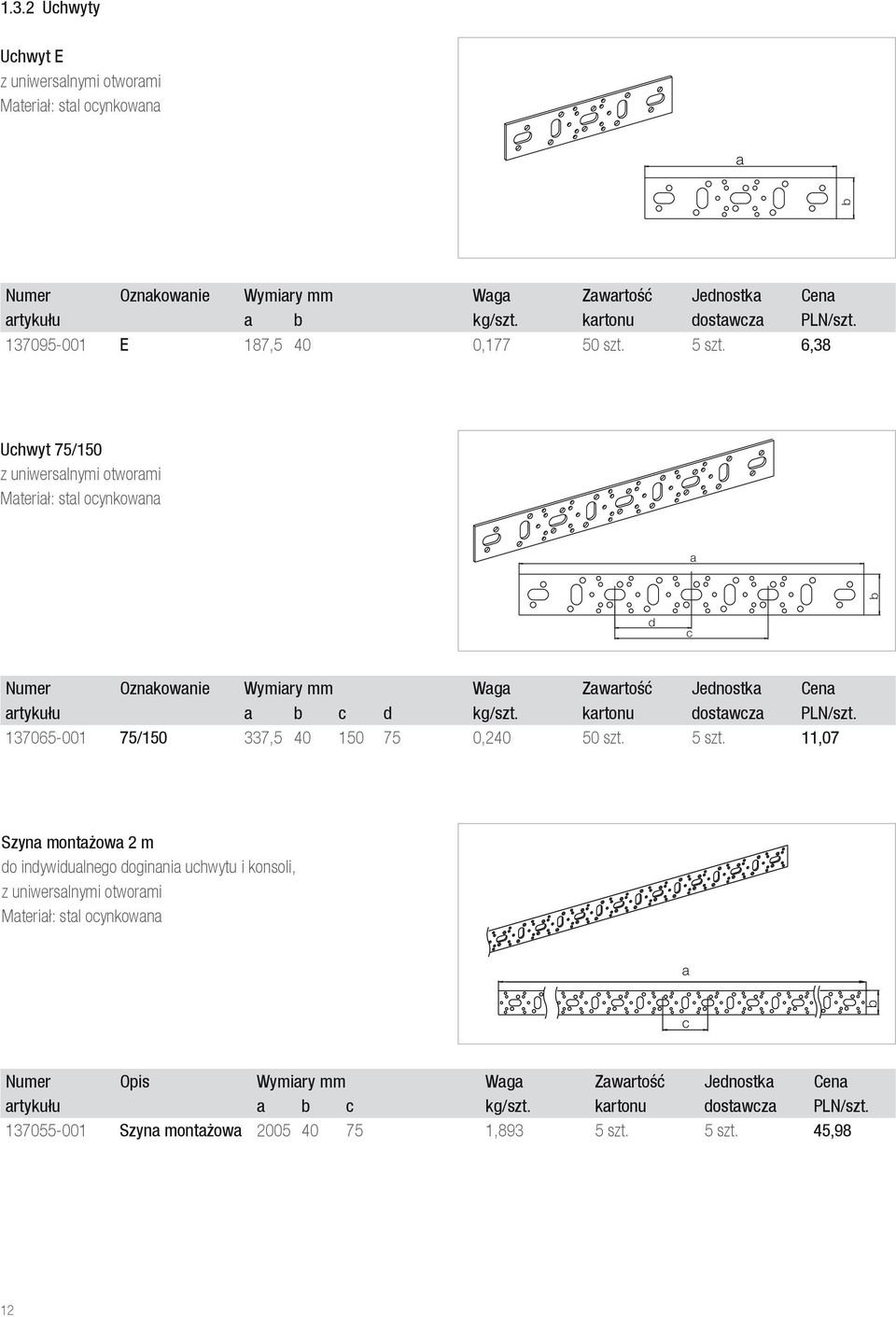 6,38 Uchwyt 75/150 z uniwerslnymi otwormi Mterił: stl ocynkown d c Numer Oznkownie Wymiry mm Wg Zwrtość Jednostk Cen rtykułu c d kg/szt. krtonu dostwcz PLN/szt.