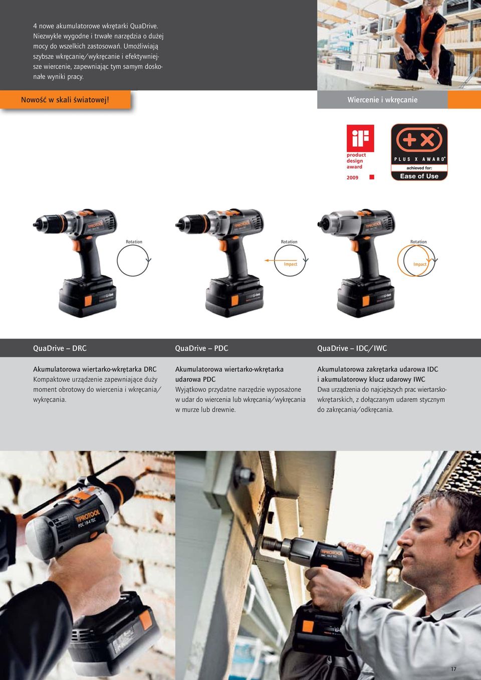 Wiercenie i wkręcanie Rotation Rotation Rotation Impact Impact QuaDrive DRC QuaDrive PDC QuaDrive IDC/IWC Akumulatorowa wiertarko-wkrętarka DRC Kompaktowe urządzenie zapewniające duży moment obrotowy