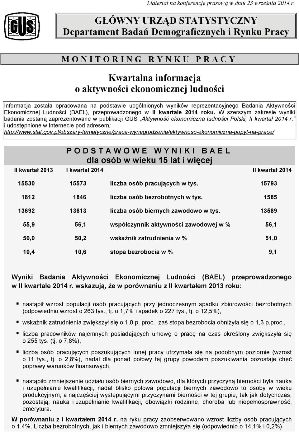 uogólnionych wyników reprezentacyjnego Badania Aktywności Ekonomicznej Ludności (BAEL), przeprowadzonego w II kwartale roku.