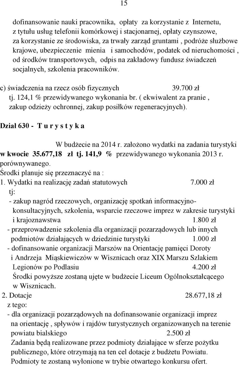 c) świadczenia na rzecz osób fizycznych 39.700 zł tj. 124,1 % przewidywanego wykonania br. ( ekwiwalent za pranie, zakup odzieży ochronnej, zakup posiłków regeneracyjnych).