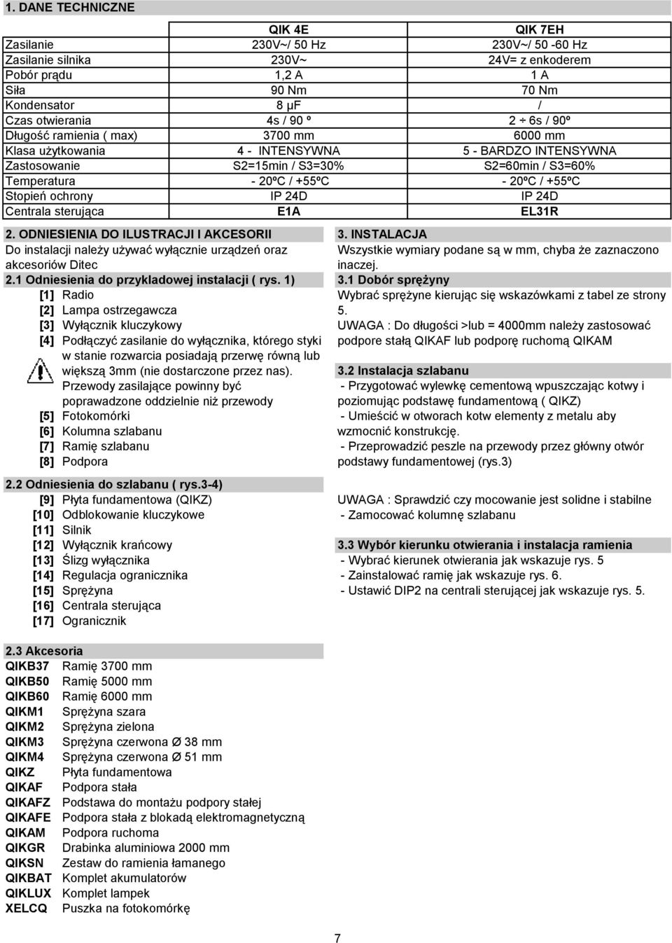 3-4) [9] Płyta fundamentowa (QIKZ) [10] Odblokowanie kluczykowe [11] Silnik QIK 4E 230V~/ 50 Hz 230V~ 1,2 A 90 Nm 8 µf 4s / 90 º 3700 mm 4 - INTENSYWNA S2=15min / S3=30% - 20ºC / +55ºC IP 24D E1A QIK