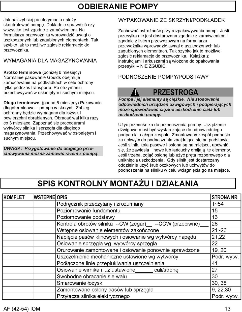 WYMAGANIA DLA MAGAZYNOWANIA Krótko terminowe (poniżej 6 miesięcy) Normalnie pakowanie Goulds obejmuje zamocowanie na podkładkach w celu ochrony tylko podczas transportu.