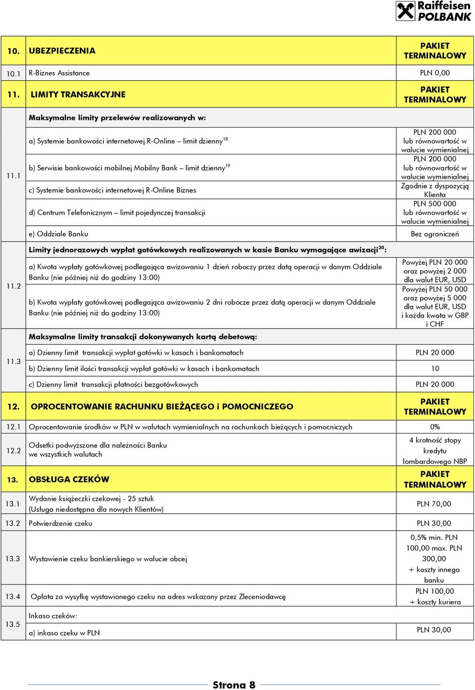 równowartość w walucie wymienialnej Zgodnie z dyspozycją c) Systemie bankowości internetowej R-Online Biznes Klienta PLN 500 000 d) Centrum Telefonicznym limit pojedynczej transakcji lub równowartość