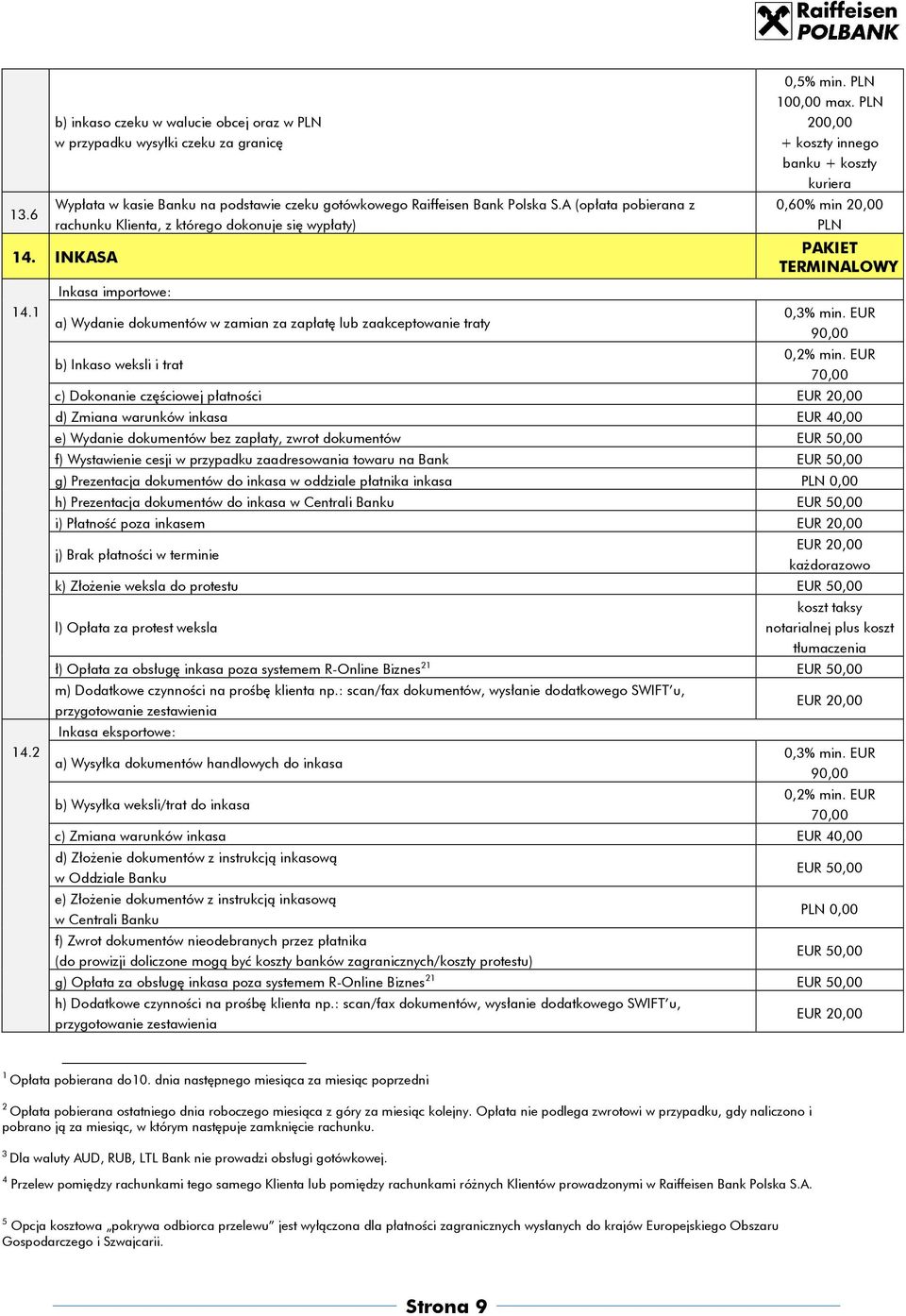 2 Inkasa importowe: a) Wydanie dokumentów w zamian za zapłatę lub zaakceptowanie traty b) Inkaso weksli i trat 0,5% min. PLN 100,00 max.