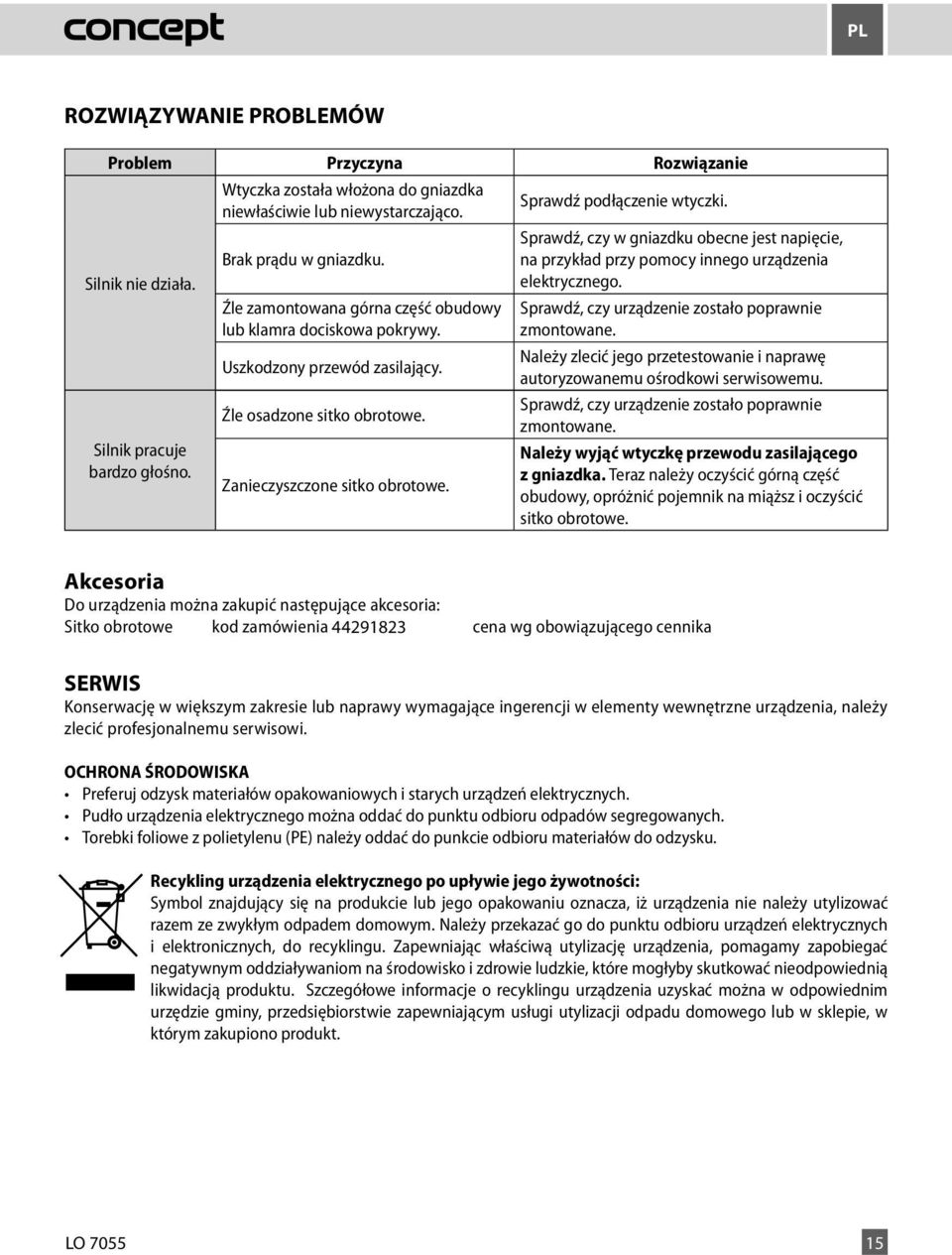 Sprawdź, czy urządzenie zostało poprawnie zmontowane. Uszkodzony przewód zasilający. Należy zlecić jego przetestowanie i naprawę autoryzowanemu ośrodkowi serwisowemu. Źle osadzone sitko obrotowe.