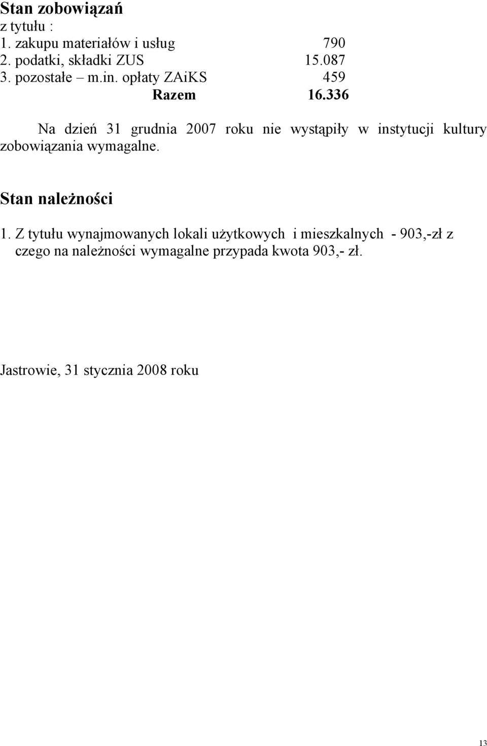 336 Na dzień 31 grudnia 2007 roku nie wystąpiły w instytucji kultury zobowiązania wymagalne.