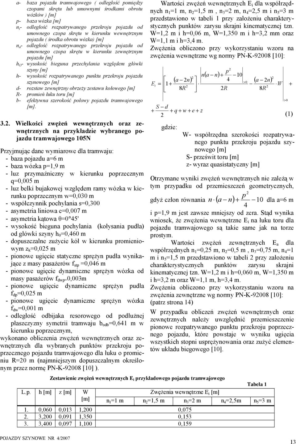 szyny [m] h- wysokość rozptrywnego punktu przekroju pojzdu szynowego [m] d- rozstw zewnętrzny obrzeży zestwu kołowego [m] R- promień łuku toru [m] b- efektywn szerokość połowy pojzdu trmwjowego [m].