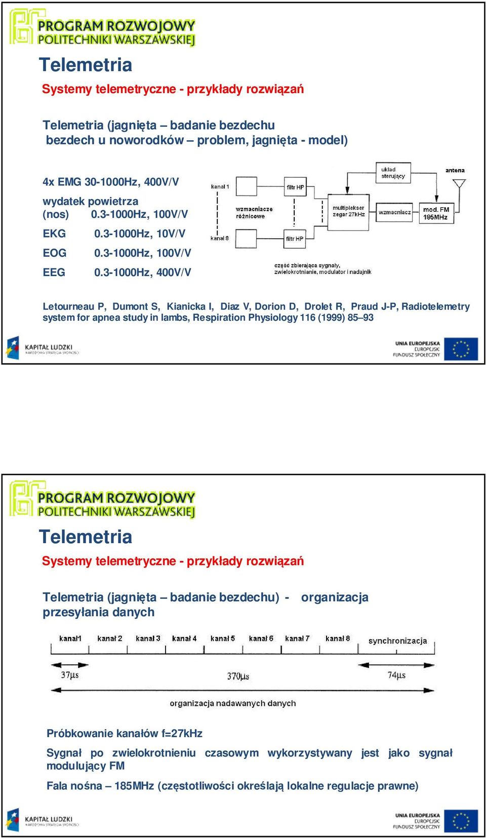 3-1000Hz, 400V/V Letourneau P, Dumont S, Kianicka I, Diaz V, Dorion D, Drolet R, Praud J-P, Radiotelemetry system for apnea study in lambs, Respiration Physiology 116 (1999) 85 93