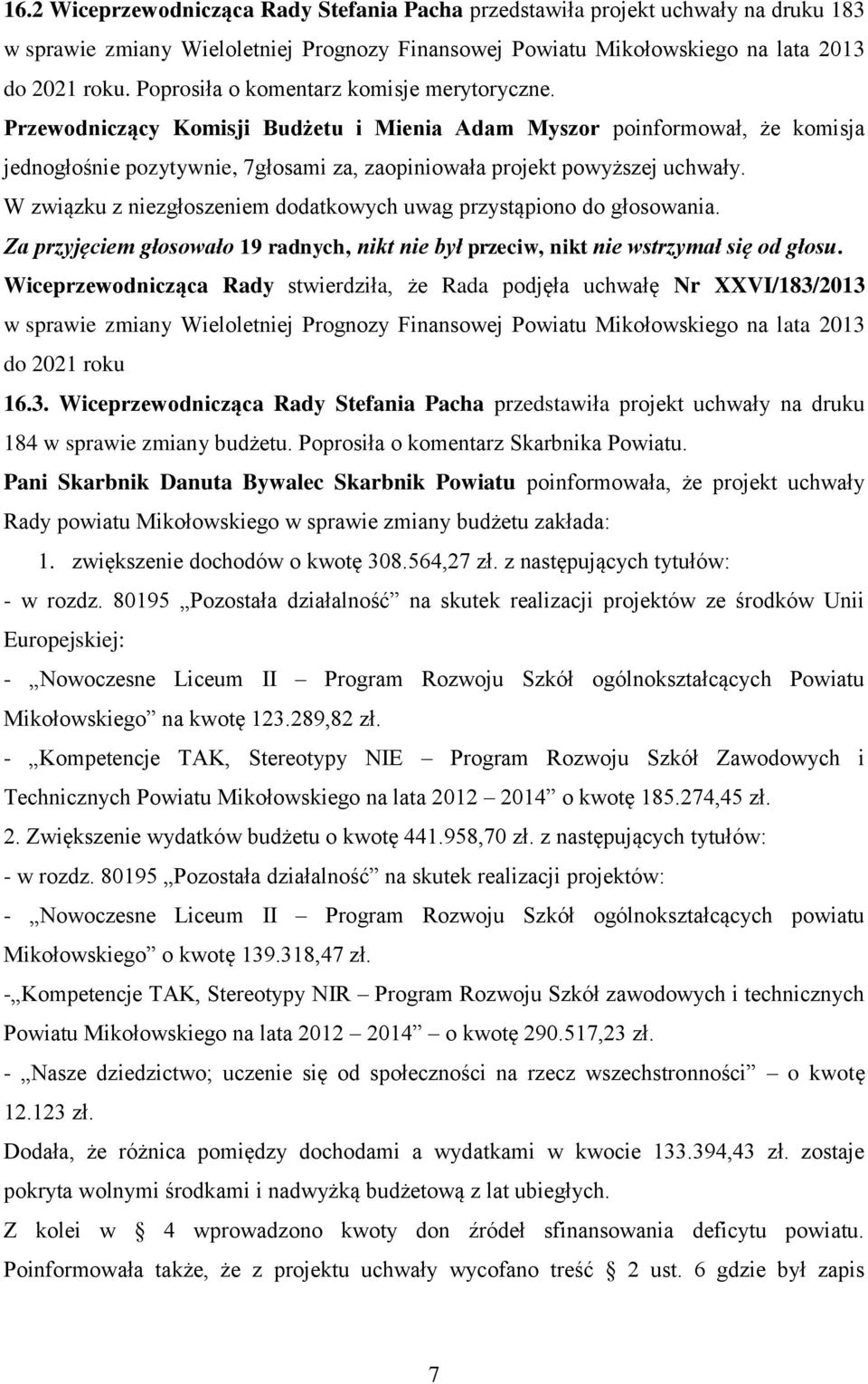 Za przyjęciem głosowało 19 radnych, nikt nie był przeciw, nikt nie wstrzymał się od głosu.