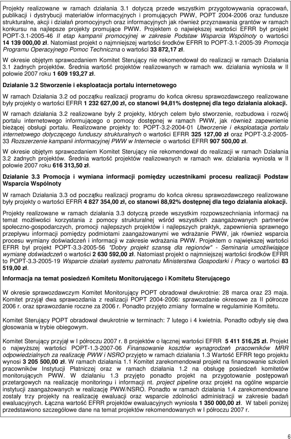 oraz informacyjnych jak równieŝ przyznawania grantów w ramach konkursu na najlepsze projekty promujące PWW. Projektem o największej wartości EFRR był projekt POPT-3.