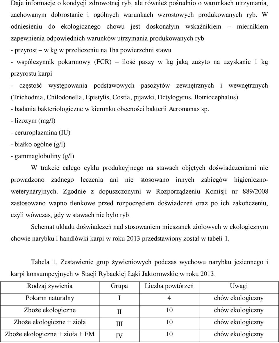 współczynnik pokarmowy (FCR) ilość paszy w kg jaką zużyto na uzyskanie 1 kg przyrostu karpi - częstość występowania podstawowych pasożytów zewnętrznych i wewnętrznych (Trichodnia, Chilodonella,