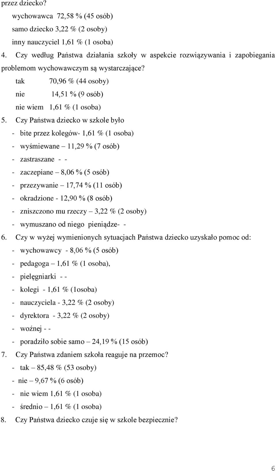 Czy Państwa dziecko w szkole było - bite przez kolegów- 1,61 % (1 osoba) - wyśmiewane 11,29 % (7 osób) - zastraszane - - - zaczepiane 8,06 % (5 osób) - przezywanie 17,74 % (11 osób) - okradzione -